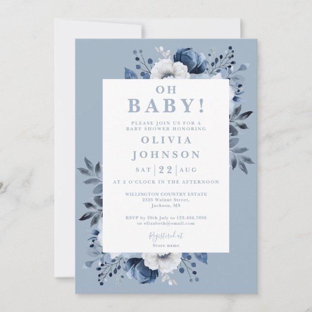 Oh Baby Dusty Blue Floral All In One Baby Shower Invitation (Front)