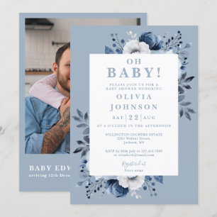 Oh Baby Dusty Blue Floral Photo QR Baby Shower Invitation