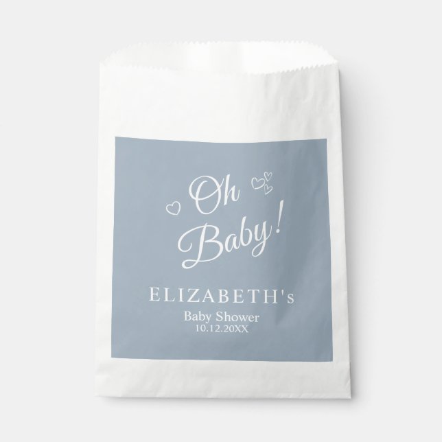"Oh Baby" Dusty Blue Modern Minimalist Baby Shower Favour Bags (Front)