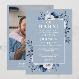 Oh Baby Dusty Blue Rustic Floral Photo Baby Shower Invitation