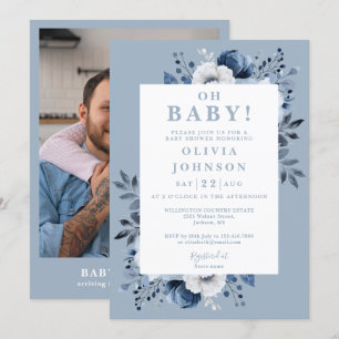 Oh Baby Dusty Blue Rustic Floral Photo Baby Shower Invitation
