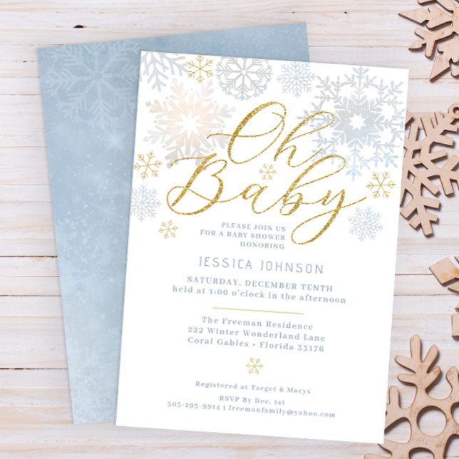 Oh Baby Dusty Blue Winter Wonderland Baby Shower Invitation (Oh Baby Winter Wonderland Baby Shower Invitation - Dusty Blue & Glitter Gold)