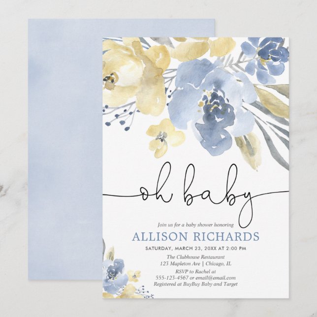 Oh baby dusty blue yellow floral boy baby shower invitation (Front/Back)
