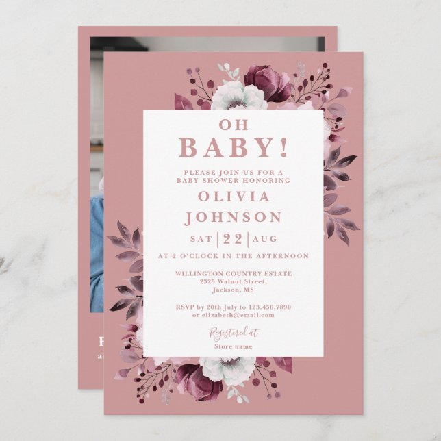 Oh Baby Dusty Rose Floral Photo QR Baby Shower Invitation (Front/Back)
