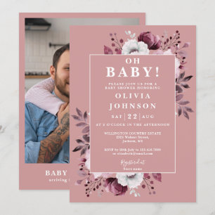 Oh Baby Dusty Rose Rustic Floral Photo Baby Shower Invitation