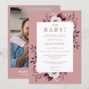 Oh Baby Dusty Rose Rustic Floral Photo Baby Shower Invitation