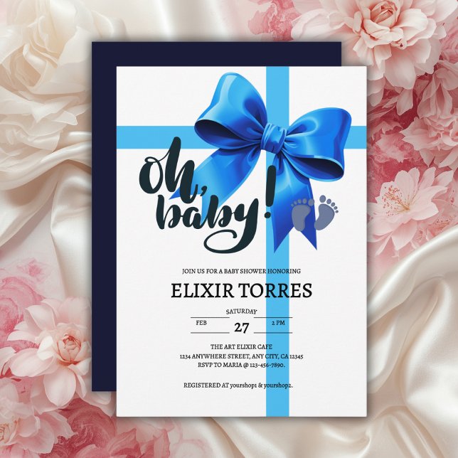 Oh Baby! Elegant Blue Bow Baby Shower Invitation (Creator Uploaded)