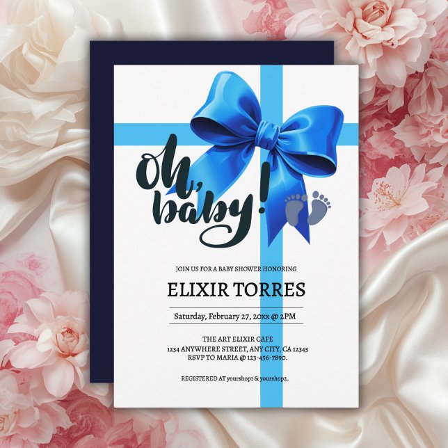 Oh Baby! Elegant Blue Bow Baby Shower Invitation (Creator Uploaded)
