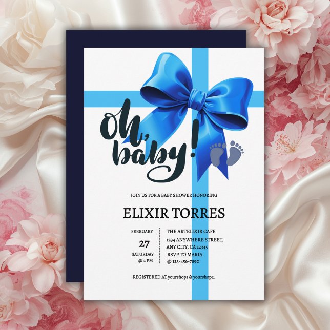 Oh Baby! Elegant Blue Bow Baby Shower Invitation (Creator Uploaded)