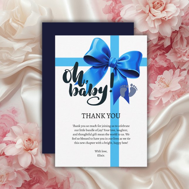 Oh Baby! Elegant Blue Bow Baby Shower Thank You Card (Creator Uploaded)
