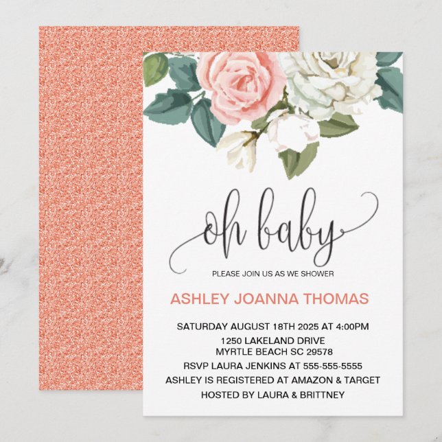 Oh Baby Elegant  Coral Flowers Baby Shower  Invitation (Front/Back)