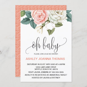 Oh Baby Elegant Coral Flowers Baby Shower Invitation
