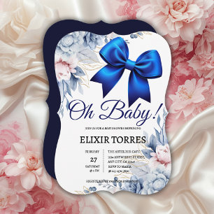 Oh Baby! Elegant Floral Blue Bow Baby Shower Invitation