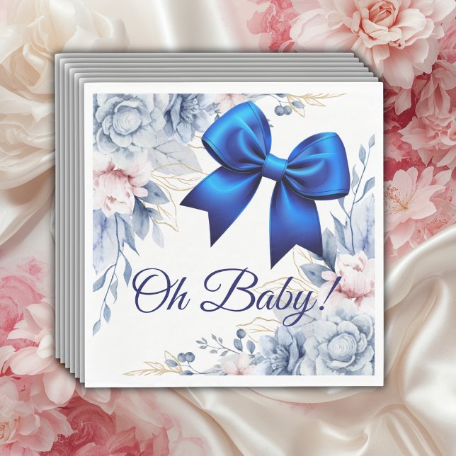 Oh Baby! Elegant Floral Blue Bow Baby Shower Napkin (Creator Uploaded)
