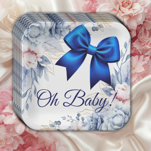 Oh Baby! Elegant Floral Blue Bow Baby Shower Paper Plate