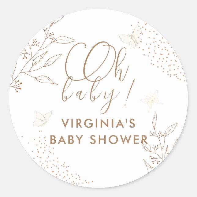 Oh Baby Elegant Gold Leaves Butterfly Baby Shower Classic Round Sticker (Front)