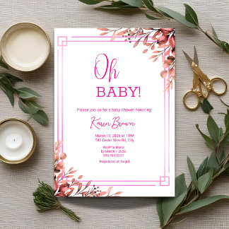 Oh baby Elegant Greenery and Pink Baby Shower  Invitation