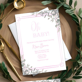 Oh baby Elegant Greenery and Pink Baby Shower  Invitation