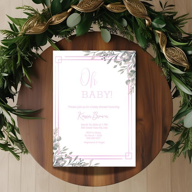 Oh baby Elegant Greenery and Pink Baby Shower  Invitation (Creator Uploaded)
