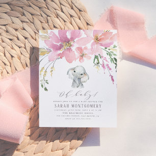 Oh Baby Elegant Pink Floral Elephant Baby Shower Invitation Postcard