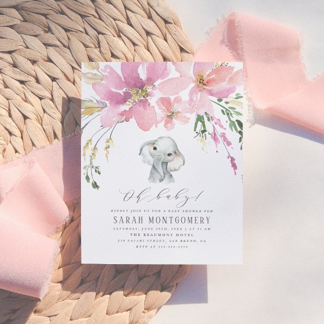Oh Baby Elegant Pink Floral Elephant Baby Shower Invitation Postcard (Creator Uploaded)