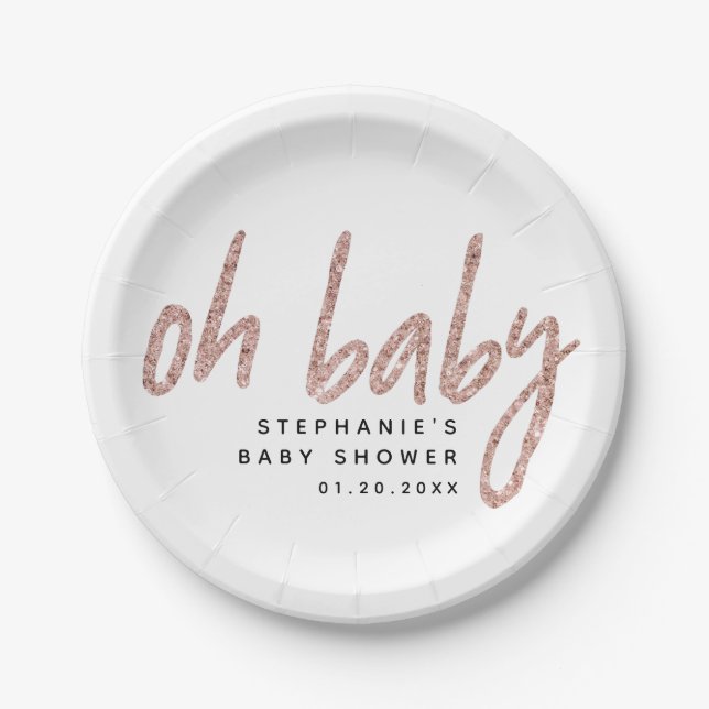Oh Baby Elegant Rose Gold Pink Glitter Baby Shower Paper Plate (Front)
