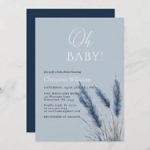 Oh Baby Elegant Script Blue Pampas Baby Shower Invitation