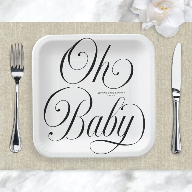 Oh Baby Elegant Script Gender Neutral Baby Shower Paper Plate (Creator Uploaded)