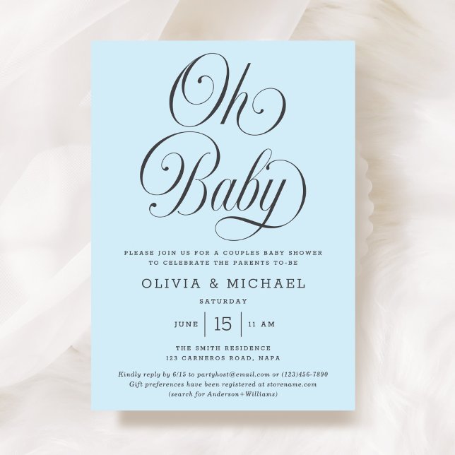 Oh Baby Elegant Script Light Blue Boy Baby Shower Invitation (Creator Uploaded)