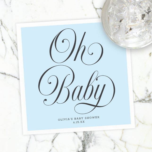 Oh Baby Elegant Script Lt. Blue Boy Baby Shower Napkin (Creator Uploaded)