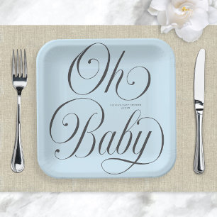 Oh Baby Elegant Script Lt. Blue Boy Baby Shower Paper Plate