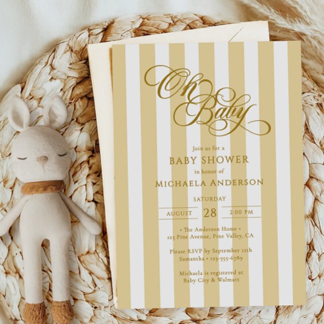 Oh Baby Elegant Script & Stripes Baby Shower Invitation (Creator Uploaded)