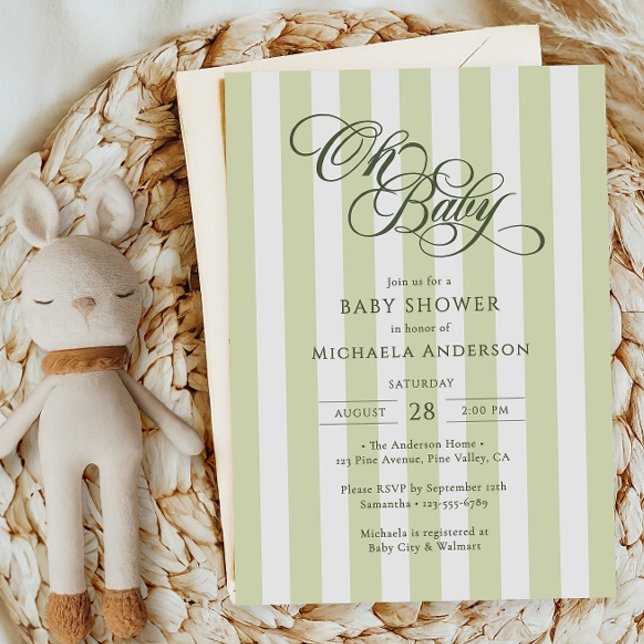 Oh Baby Elegant Script & Stripes Baby Shower Invitation (Creator Uploaded)