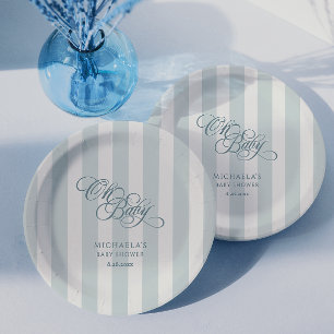 Oh Baby Elegant Script & Stripes Baby Shower Paper Plate