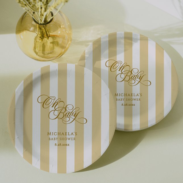 Oh Baby Elegant Script & Stripes Baby Shower Paper Plate (Creator Uploaded)