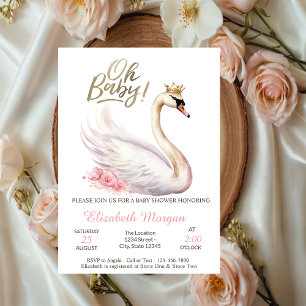 Oh Baby Elegant Swan Crown Flowers Baby Shower Invitation
