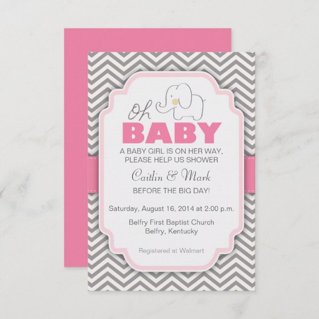 Oh Baby Elephant - Pink & Grey Baby Shower Invite (Front/Back)