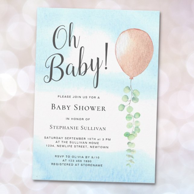 Oh Baby Eucalyptus Balloon Neutral Baby Shower Invitation (Creator Uploaded)
