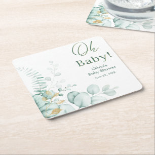 Oh Baby Eucalyptus Greenery Gold Baby Shower  Square Paper Coaster