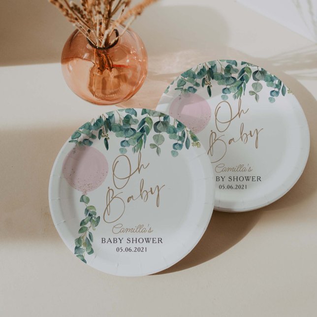 Oh Baby Eucalyptus Pink Balloon Baby Shower Paper Plate (Creator Uploaded)