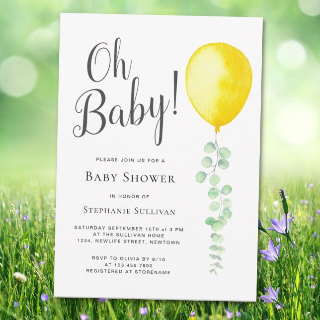 Oh Baby Eucalyptus Yellow Balloon Baby Shower Invitation (Creator Uploaded)