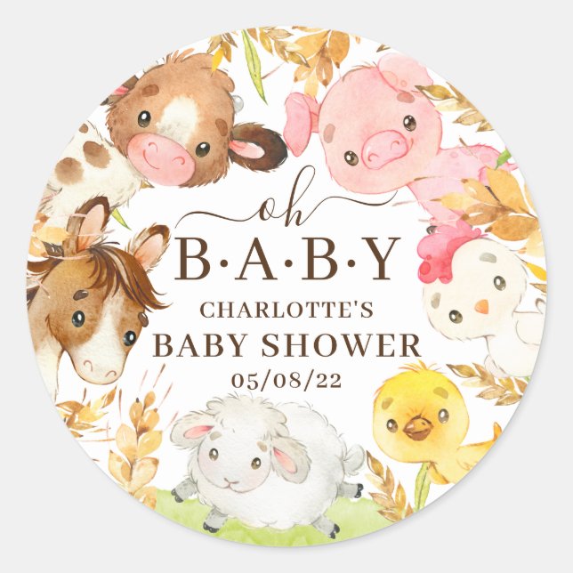  Oh Baby Farm Animals Baby Shower Favour  Classic Round Sticker (Front)