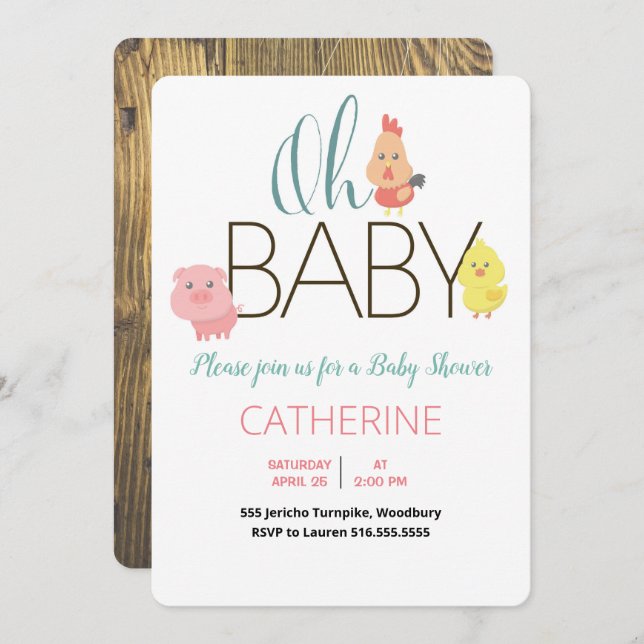 Oh Baby Farm Animals Rustic Baby Shower Invitation (Front/Back)