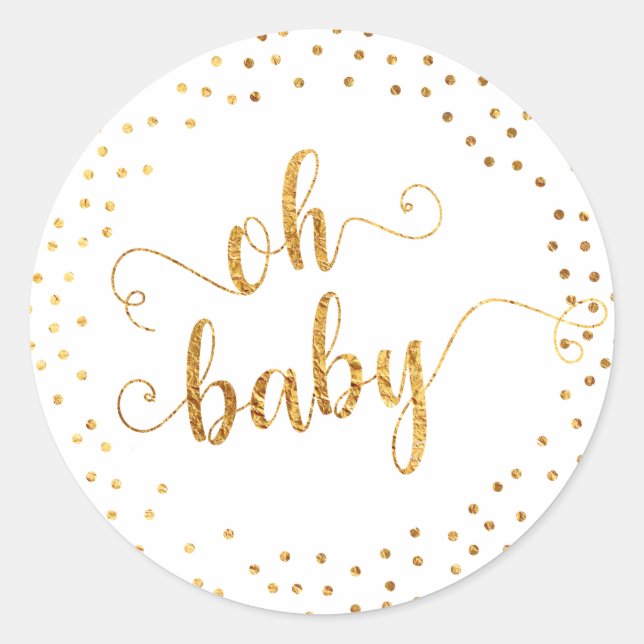 "Oh Baby" Faux Gold Foil Confetti, Baby Shower Classic Round Sticker (Front)