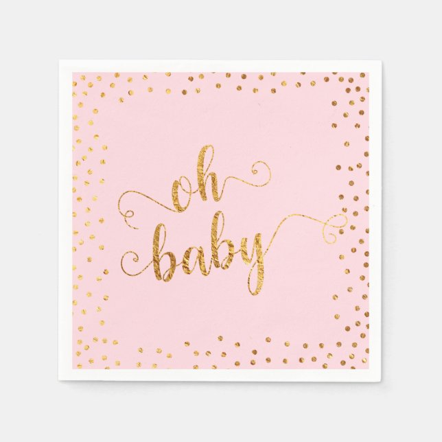"Oh Baby" Faux Gold Foil Confetti Pink Baby Shower Napkin (Front)