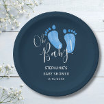 Oh Baby Feet Navy Blue Baby Shower Paper Plate<br><div class="desc">These simple and stylish baby shower paper plates are decorated with cute hand-painted watercolor baby's feet in pastel blue on a dark navy blue background. They say Oh Baby in stylish script typography. Easily customisable. Because we create our artwork you won't find this exact image from other designers. Original Watercolor...</div>