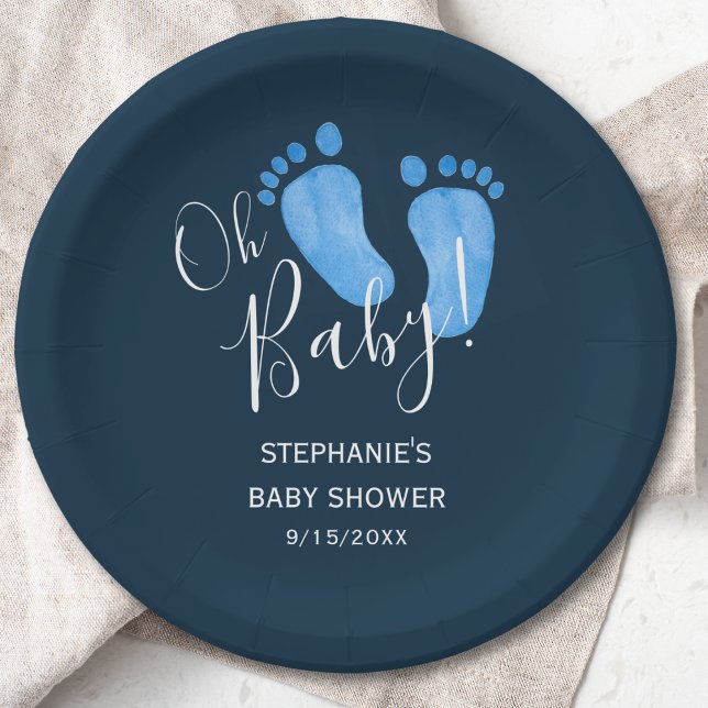 Oh Baby Feet Navy Blue Baby Shower Paper Plate (Creator Uploaded)