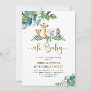 Oh Baby Floral Animals Birthday  Invitation