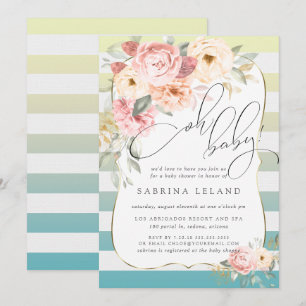Oh Baby Floral Blue Yellow Ombre Stripes Invitation