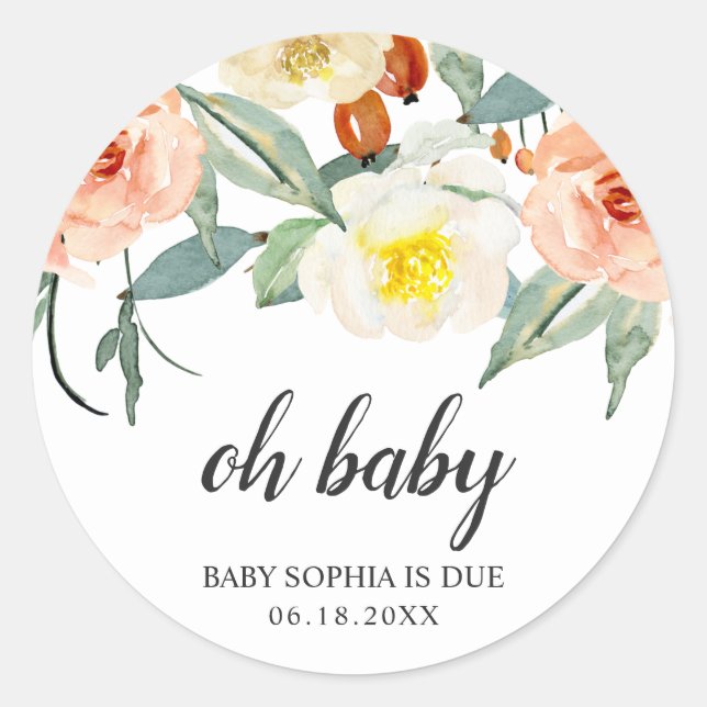 Oh Baby Floral Peach Girl Baby Shower Favour Classic Round Sticker (Front)